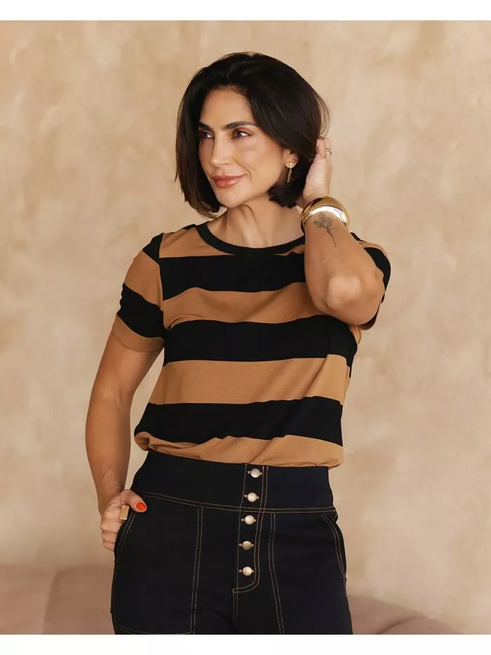 Blusa Miriam Listrada Preta e Caramelo 1