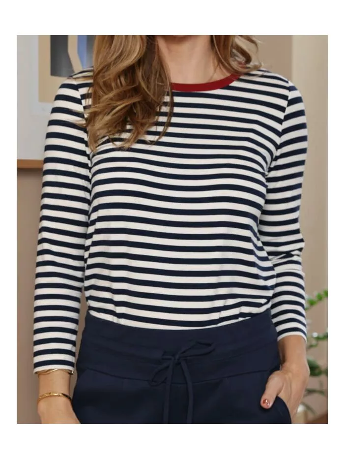 Blusa Linda Listrada com Gola Contrastante em Bordô 1