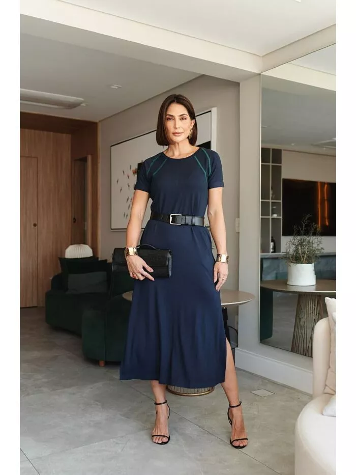 Vestido Tânia Midi  Marinho com Detalhes Contrastantes 1
