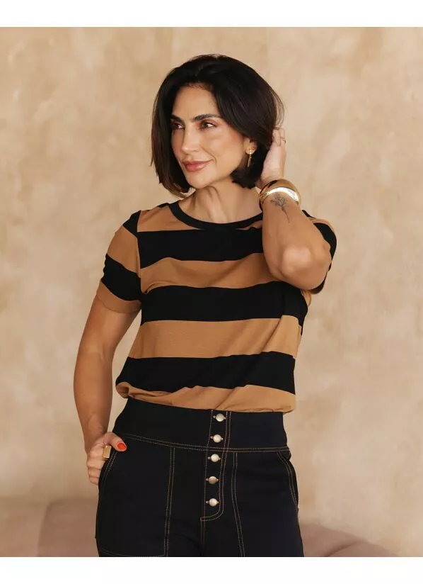 Blusa Miriam Listrada Preta e Caramelo 1