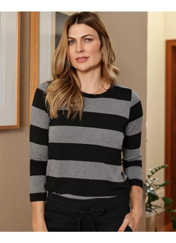 Blusa Carolina Listrada Preto e Mescla 1