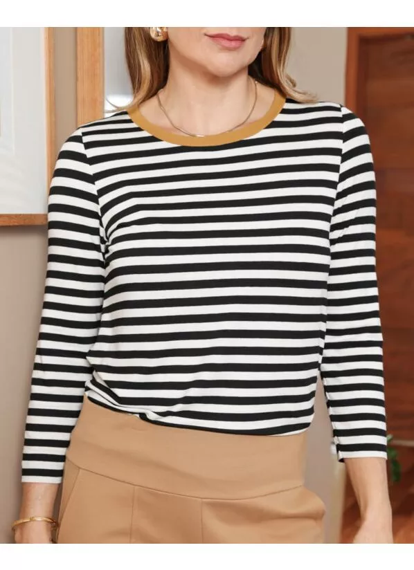 Blusa Linda Listrada com Gola Contrastante Mostarda 3