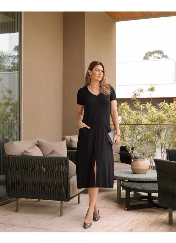 Vestido Catarina Midi Preto com Fenda Frontal 3