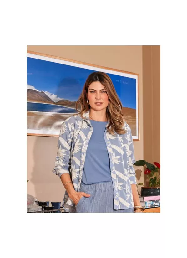 Camisa Bordada Azul em Linho Misto 1
