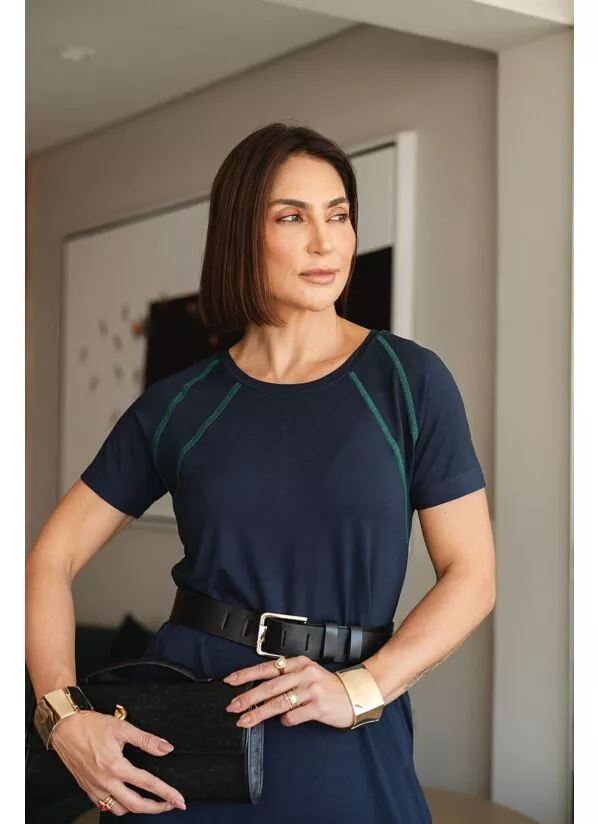 Vestido Tânia Midi  Marinho com Detalhes Contrastantes 2