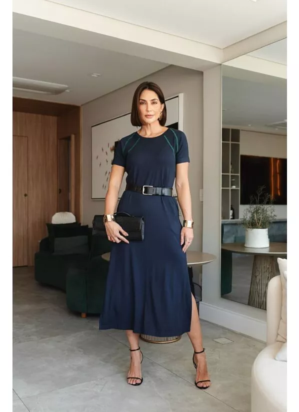 Vestido Tânia Midi  Marinho com Detalhes Contrastantes 1
